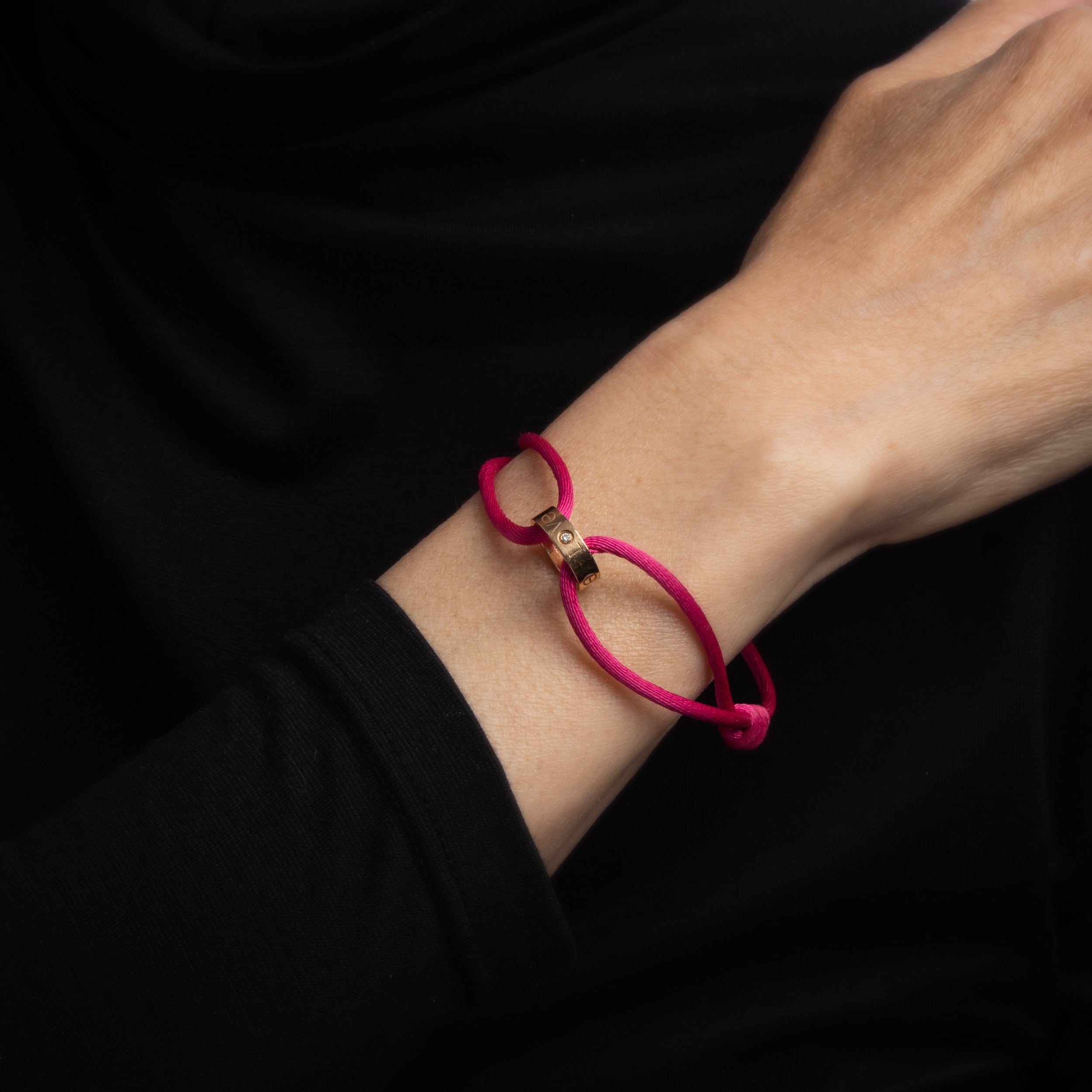 Cartier LOVE Charity Bracelet Diamond Pink Silk Cord 18k Rose Gold