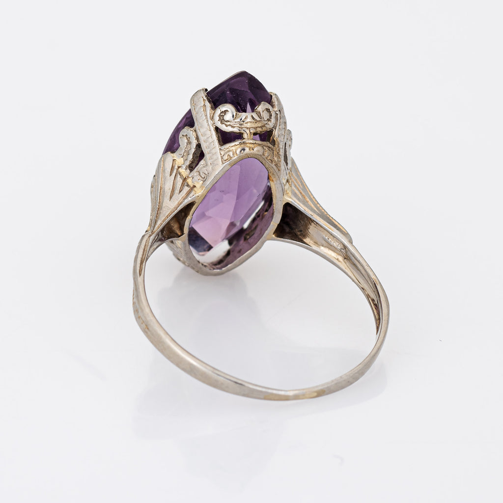Vintage Art Deco Amethyst Navette Ring 18k White Gold Sz