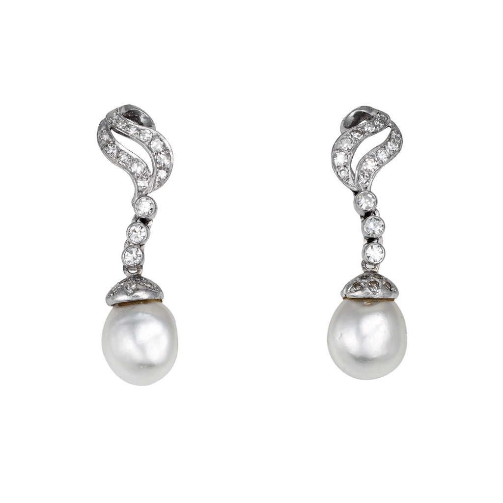 Mid Century Baroque Pearl Diamond Earrings 14k White Gold 1.5\