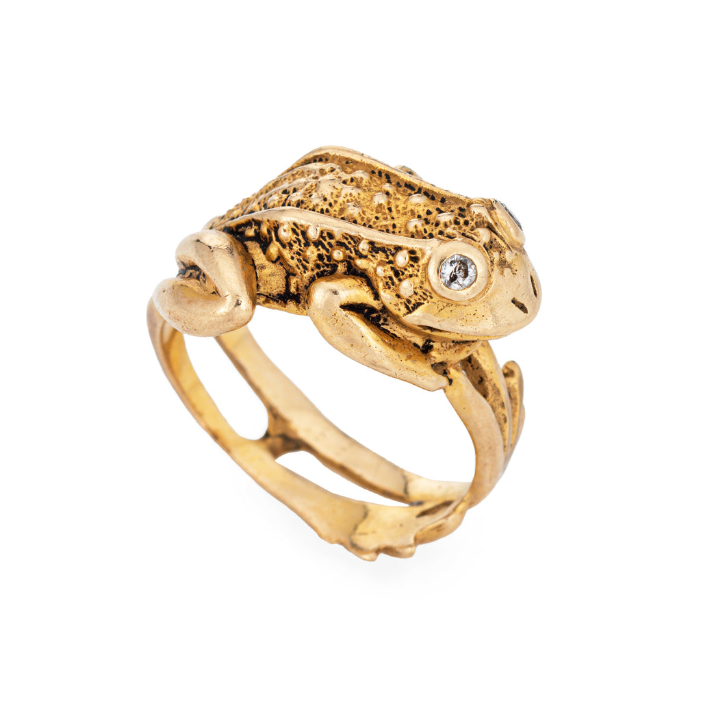 Vintage Frog Ring 14k Yellow Gold Sz Webbed Feet Estate Jewelry Diamond Eyes