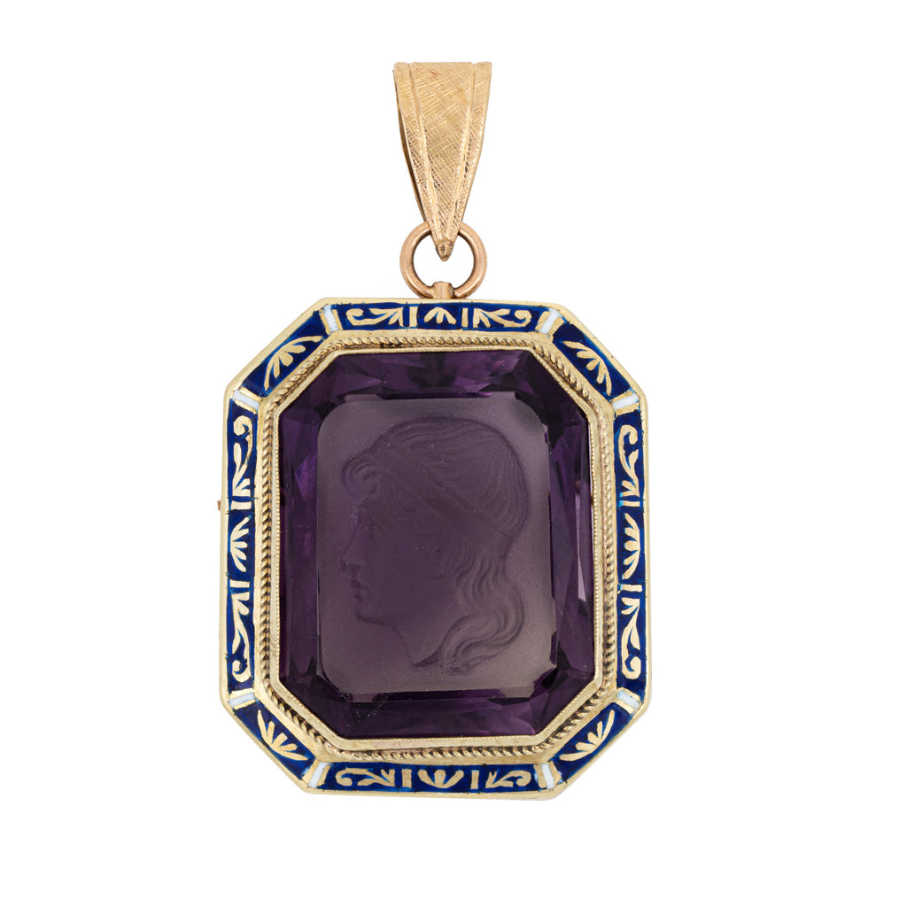 Vintage Art Deco Amethyst Intaglio Pendant Enamel 14k Yellow Gold