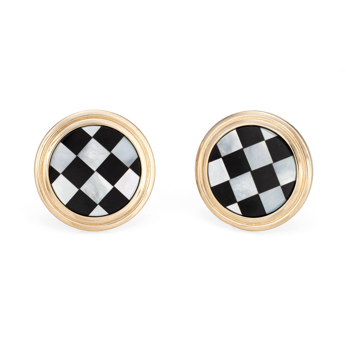 Vintage Checkerboard Earrings Larter & Sons Inlaid Onyx Mop 14K Yellow Gold