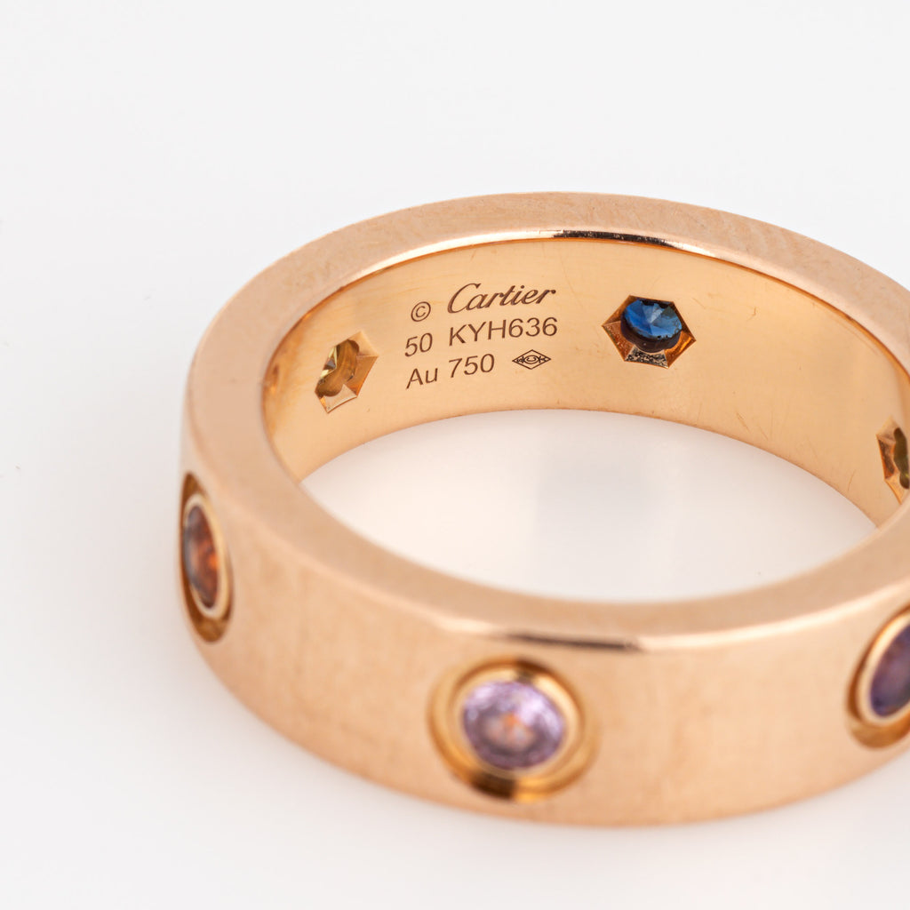 Cartier Gemstone Love Ring Sz 50 US 5.25 18K Rose Gold Garnet Sapphire Amethyst