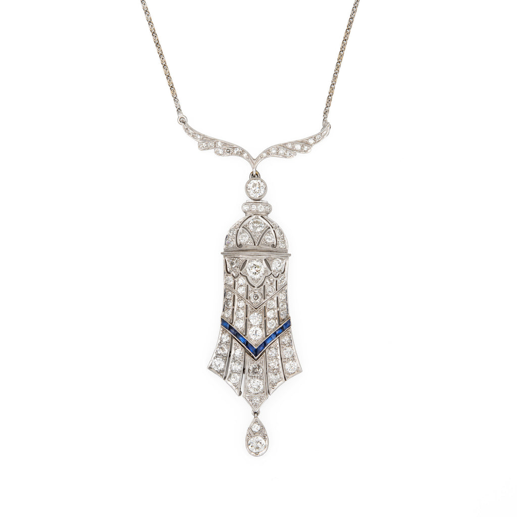 Vintage 4ct Diamond Art Deco Necklace Platinum 15 Sapphire Estate Jewelry