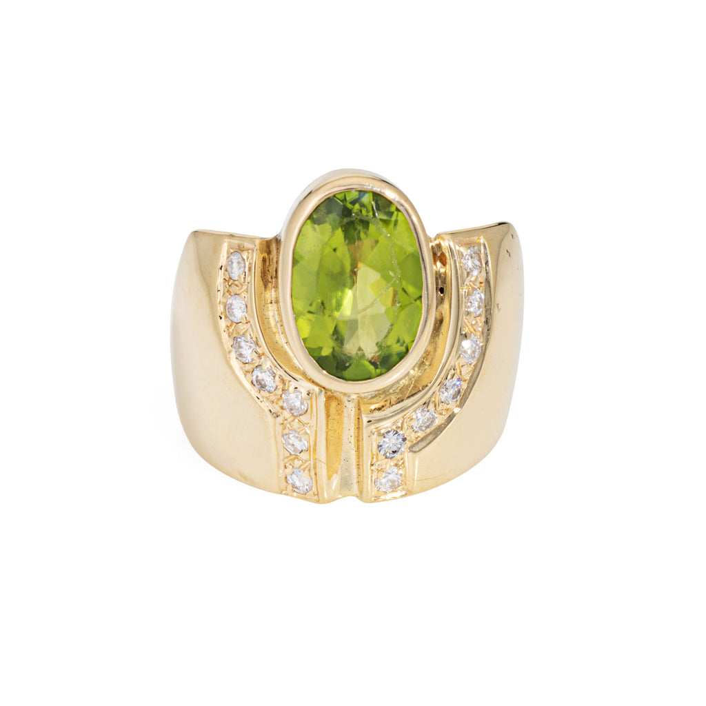 80s Peridot Diamond Cigar Ring Sz 7.5 Band Vintage 14k