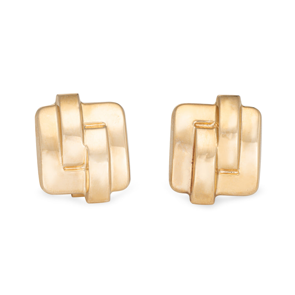 Large 80s Square Sculpted Earrings Vintage 14k Yellow Gold Clip On