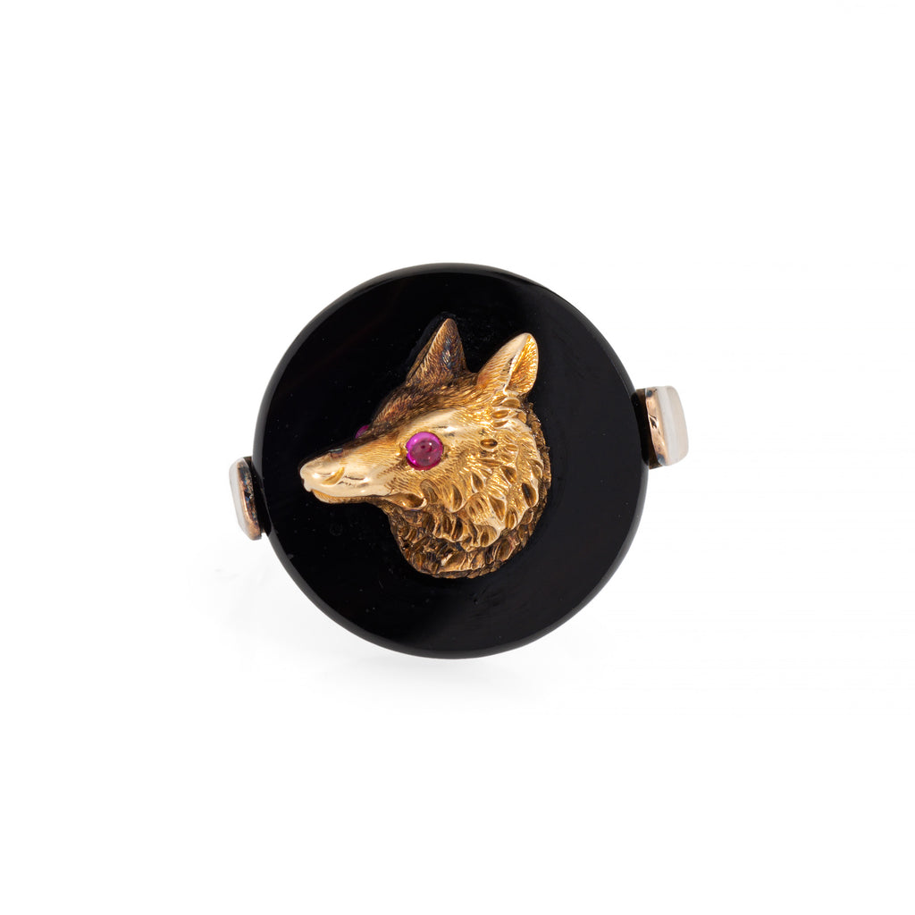 Art Deco Wolf head on Onyx ring.