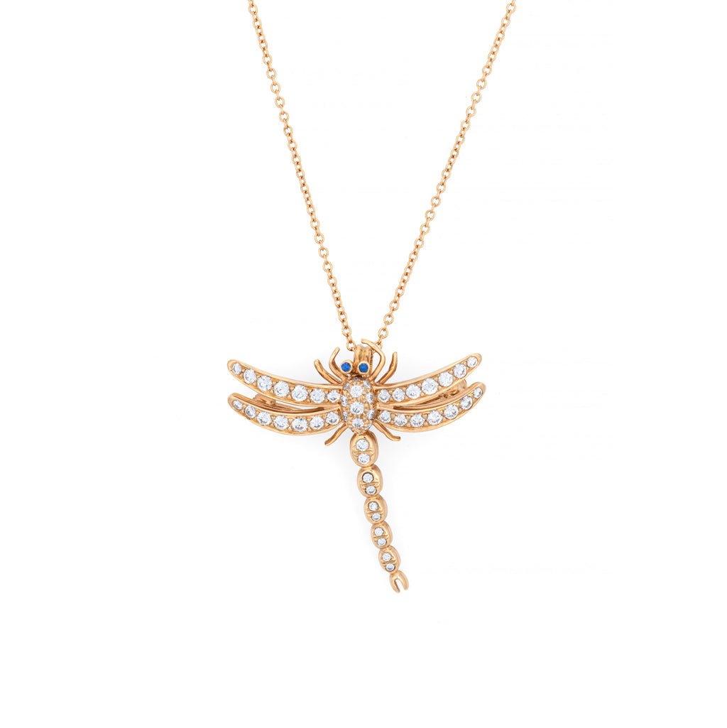 Gold dragonfly necklace with gemstones on a white background