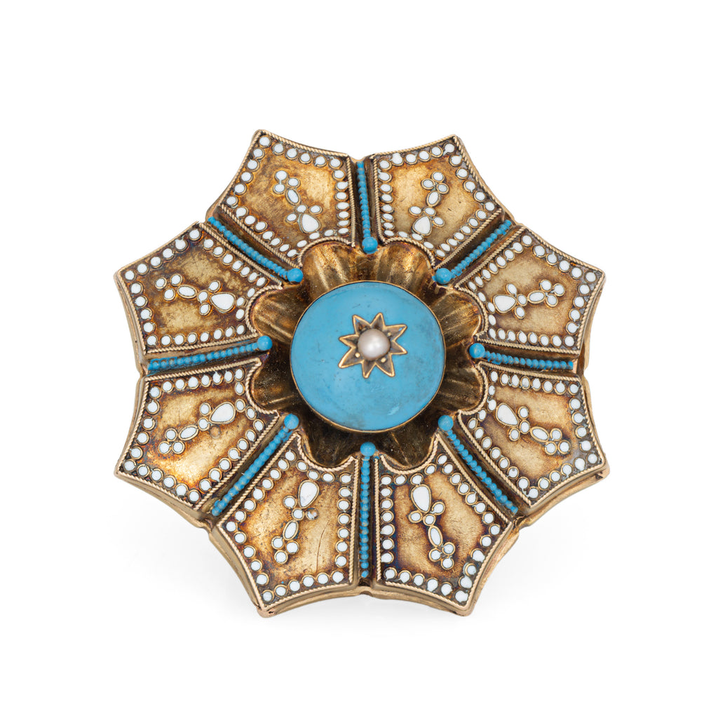 Vintage gold cocktail ring with centerpiece blue enamel and pearl seeds