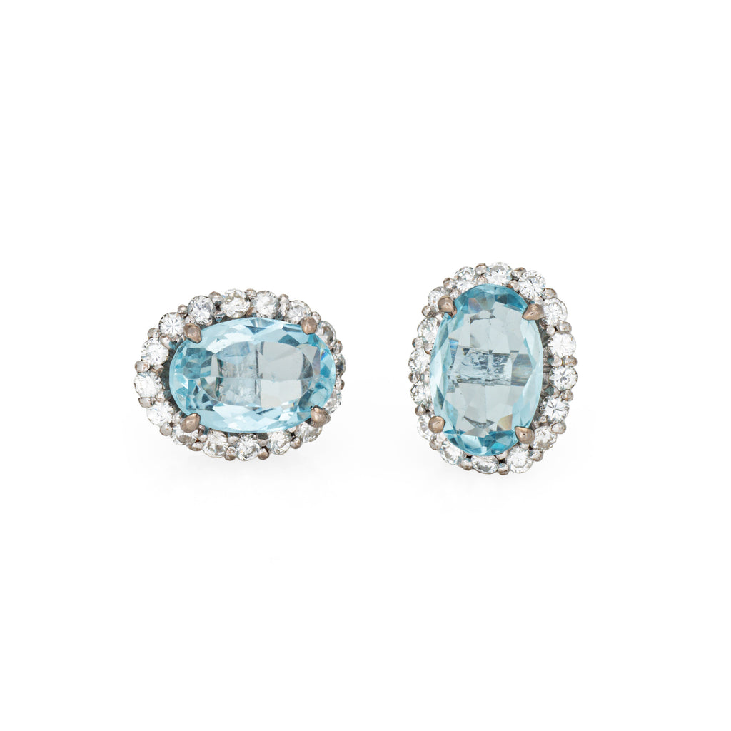 Aquamarine Diamond Earrings Vintage 14k Gold Oval Studs Estate
