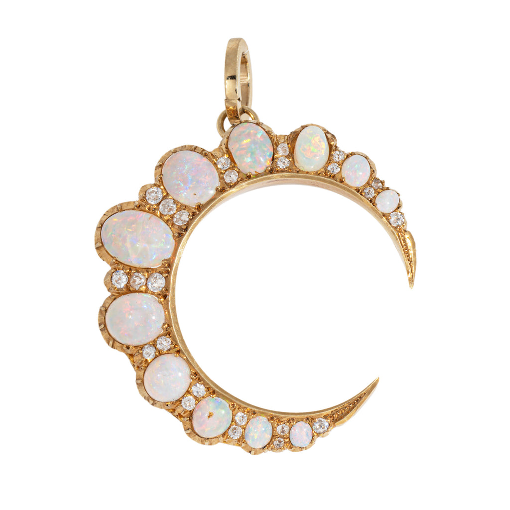 Gold crescent Victorian Crescent Moon Pendant with diamonds and opals.