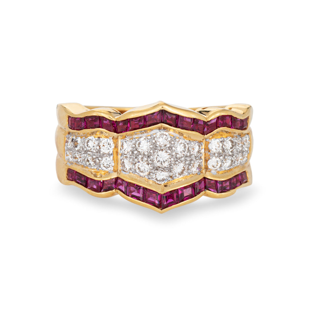80s Diamond Ruby Ring Sz 6.5 Wide Band Vintage 18k Yellow Gold Fine Je ...