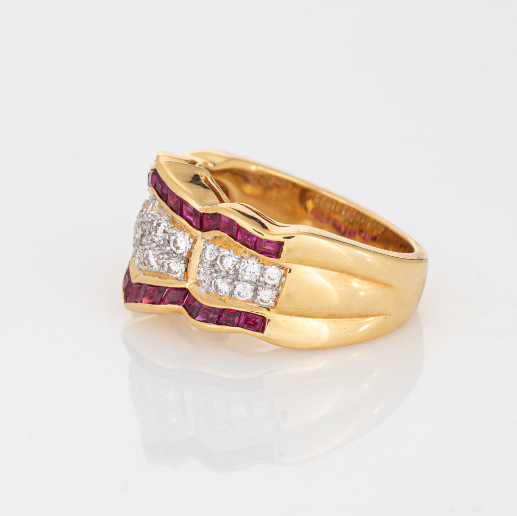 80s Diamond Ruby Ring Sz 6.5 Wide Band Vintage 18k Yellow Gold Fine Je ...