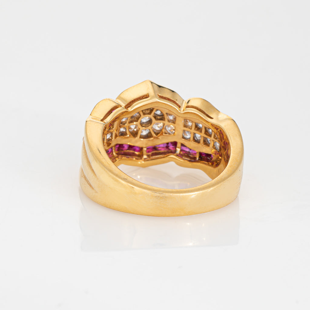 80s Diamond Ruby Ring Sz 6.5 Wide Band Vintage 18k Yellow Gold Fine Je ...