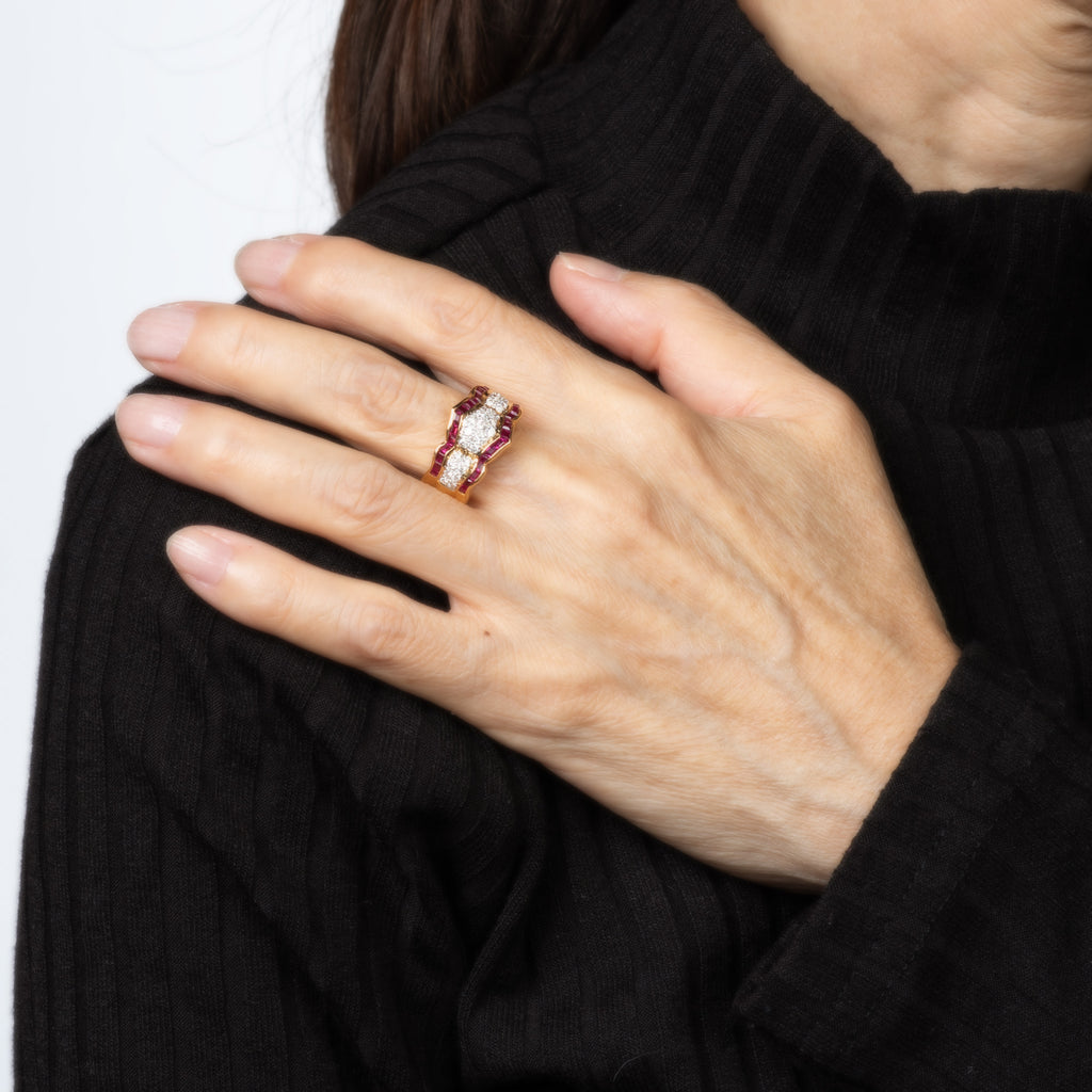 80s Diamond Ruby Ring Sz 6.5 Wide Band Vintage 18k Yellow Gold Fine Je ...