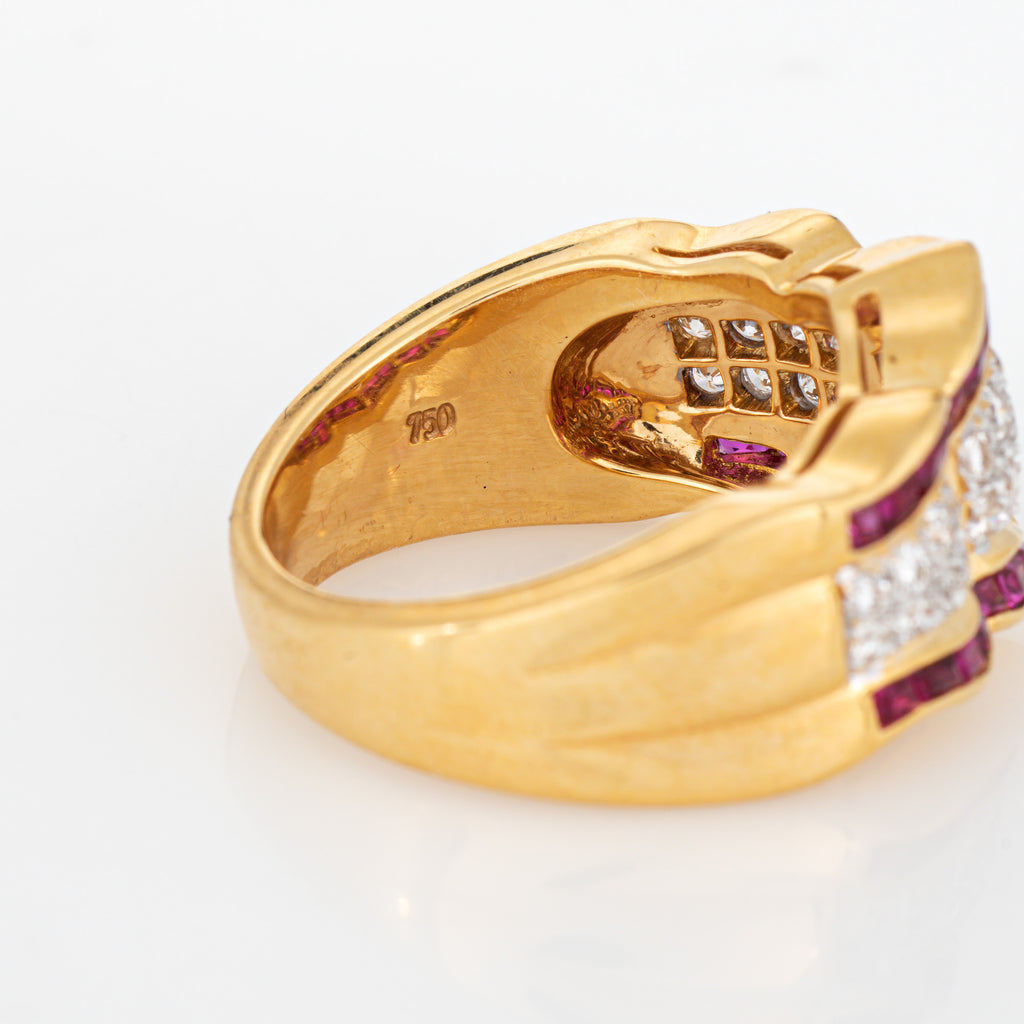 80s Diamond Ruby Ring Sz 6.5 Wide Band Vintage 18k Yellow Gold Fine Je ...