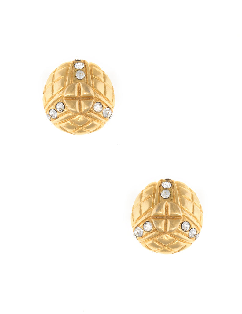 Vintage 1980s Chanel Earrings Round Clip On Crystal Yellow Gold