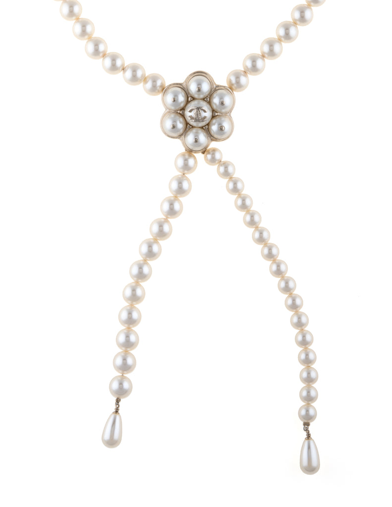 Chanel Faux Pearl Choker Drop Necklace Light Yellow Tone Circa