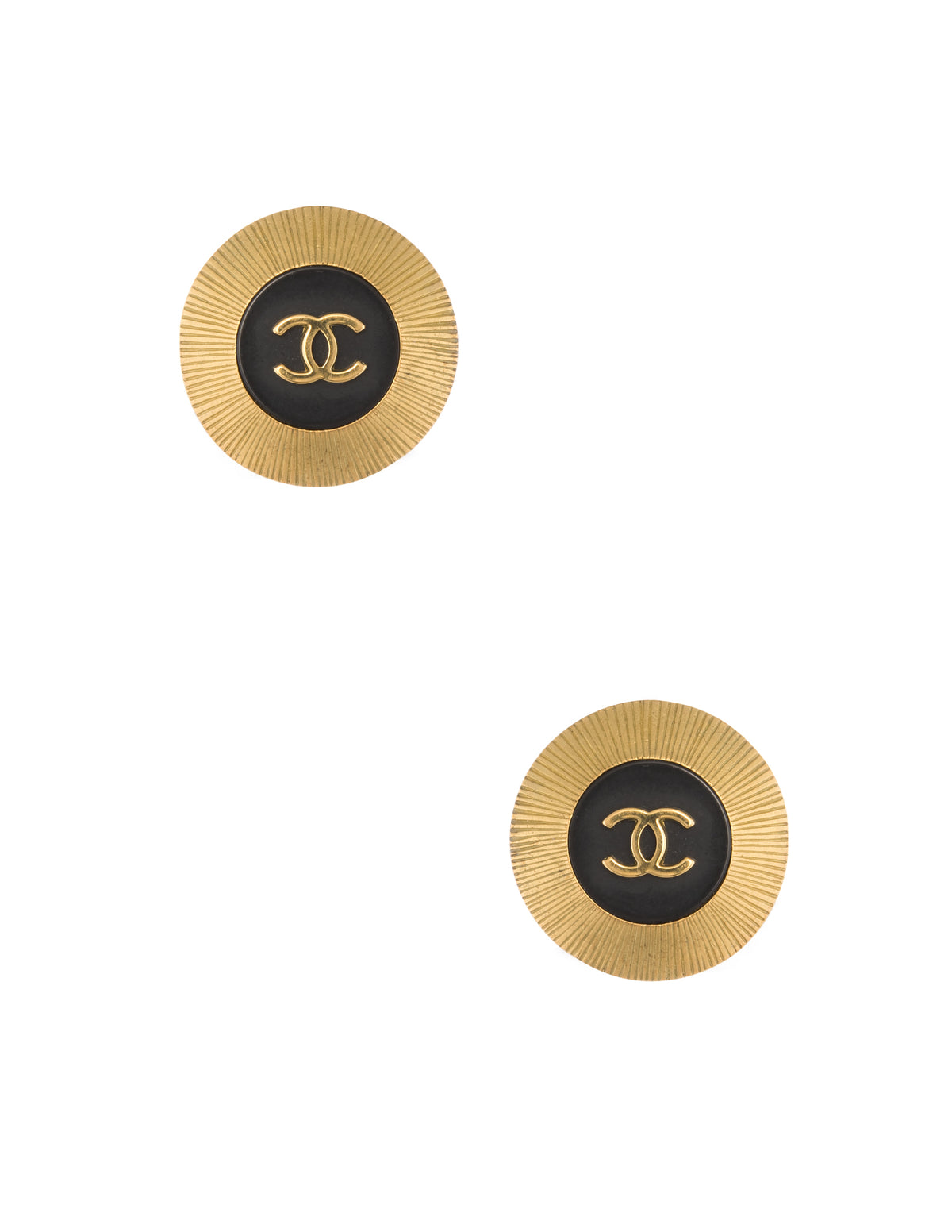 Vintage Chanel Black & Gold CC Logo Earrings Round Clip On Circa