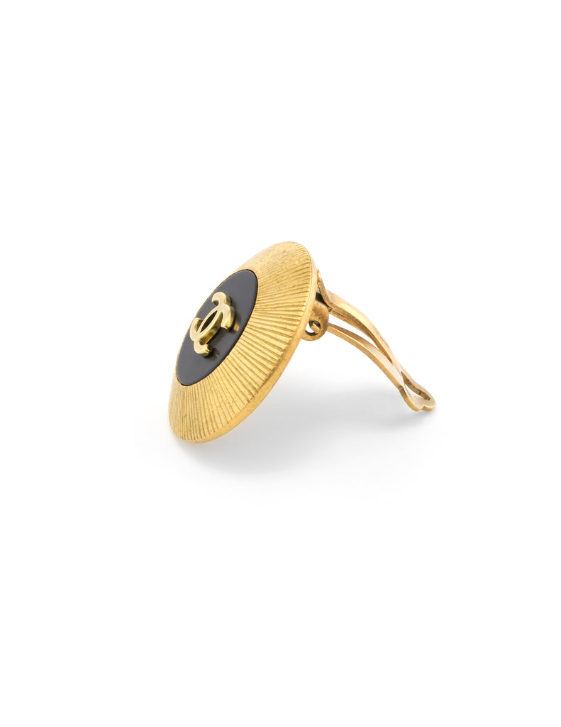 Vintage Chanel Black & Gold CC Logo Earrings Round Clip On Circa 1995