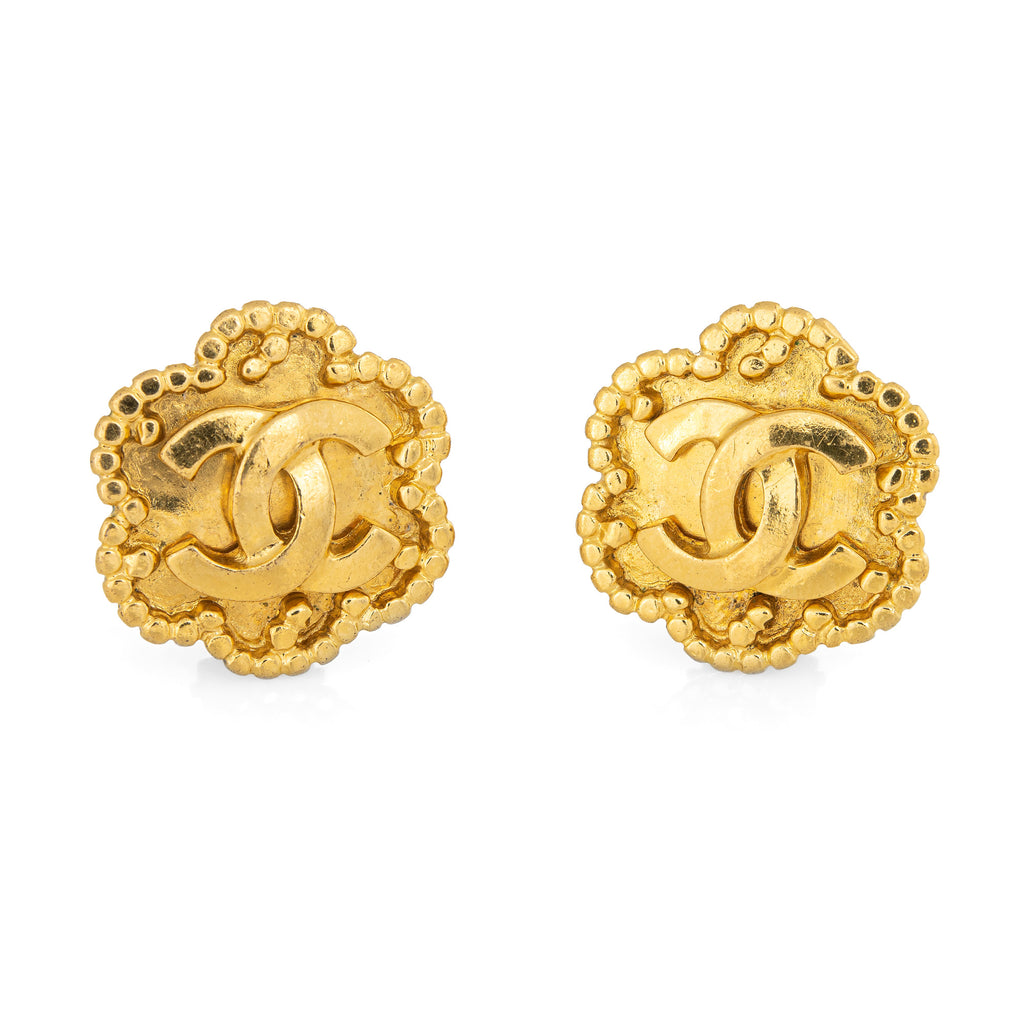 Vintage Chanel Earrings Circa 1996 CC Logo Flower Clip On Yellow Gold Tone