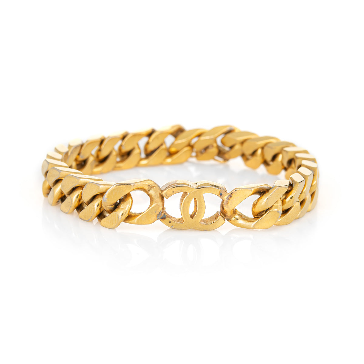 Vintage 80s Chanel Bracelet Curb Link CC Logo Yellow Gold Tone