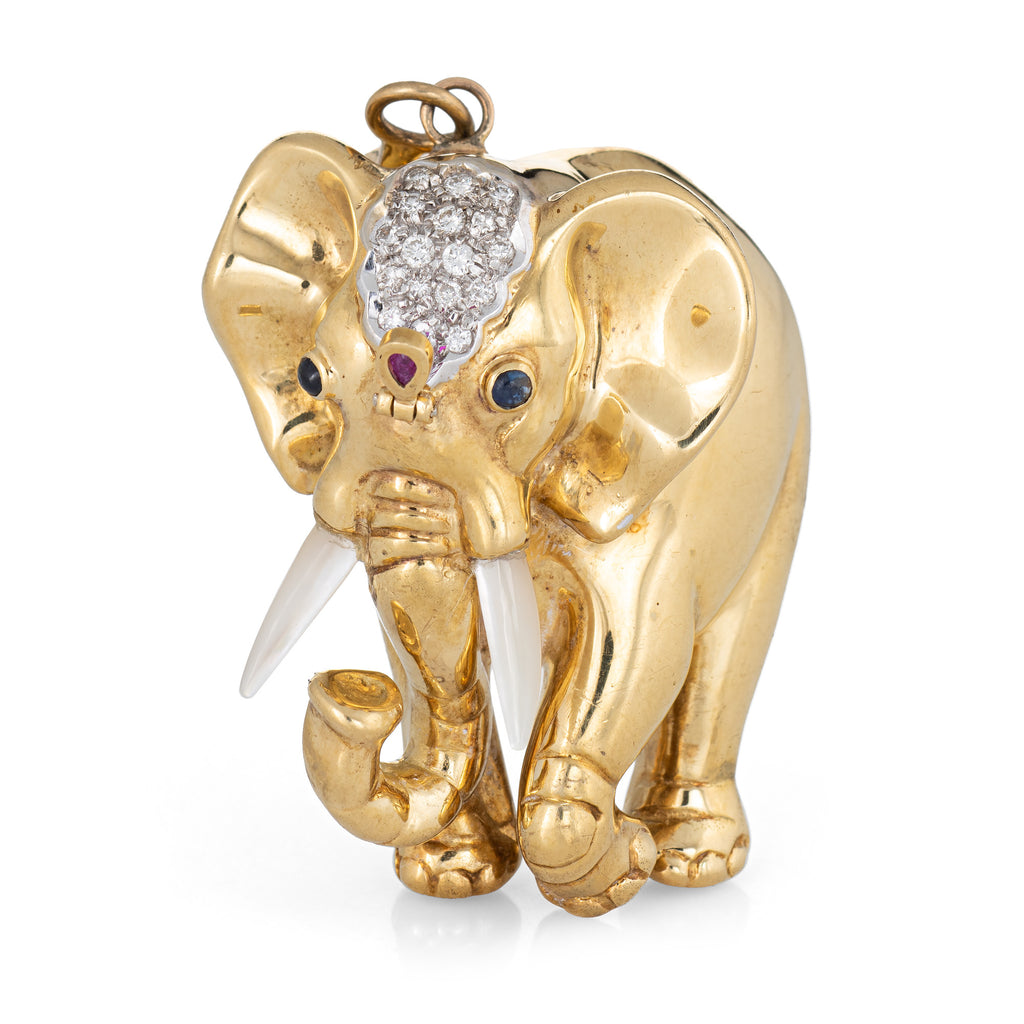Heavy Elephant Pendant Vintage 18k Yellow Gold Diamond Gemstones Large Jewelry