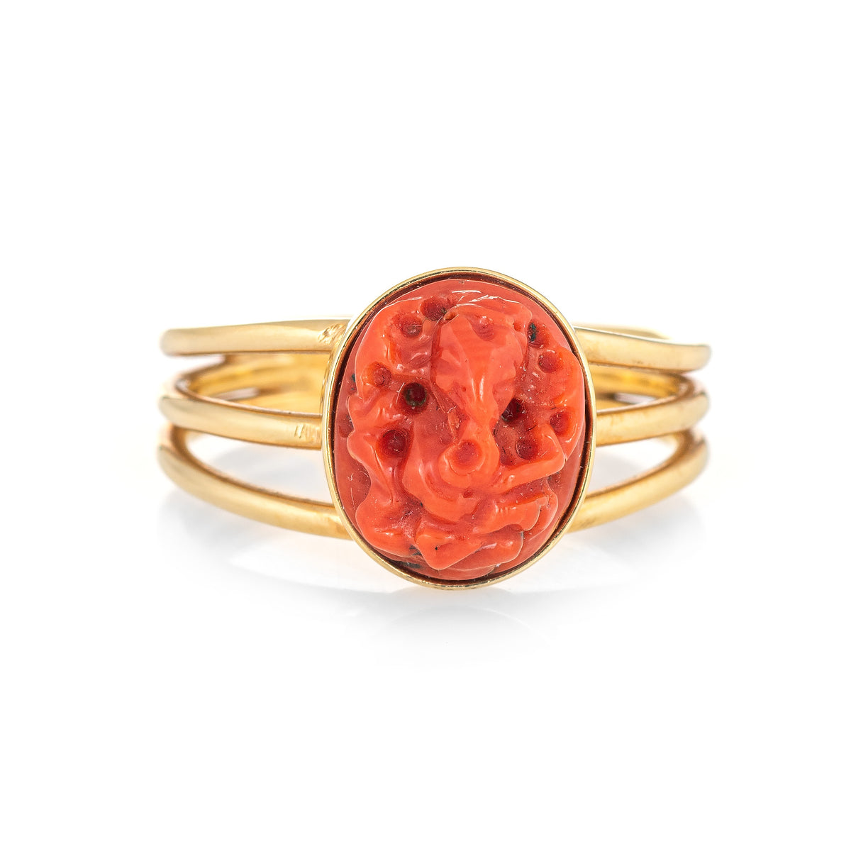 Vintage Carved Coral Ganesha Elephant Ring Hindu 14k Yellow Gold Jewel Sophie Jane