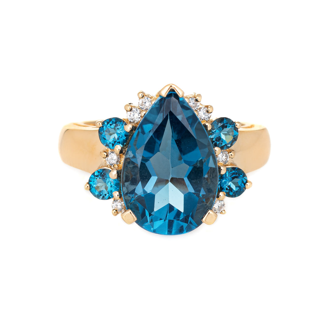 London Blue Topaz Diamond Ring Vintage 14k Yellow Gold Pear Cut Estate Jewelry