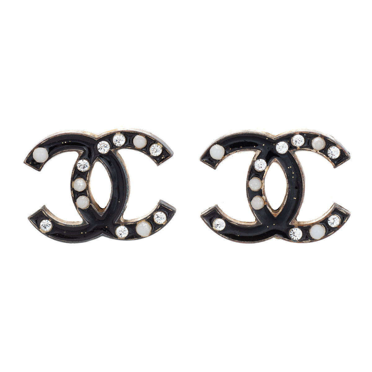 CHANEL+CC+Stud+Earrings+BLACK+&+WHITE+Crystal+Silver+Metal+2017+Classic+NIB