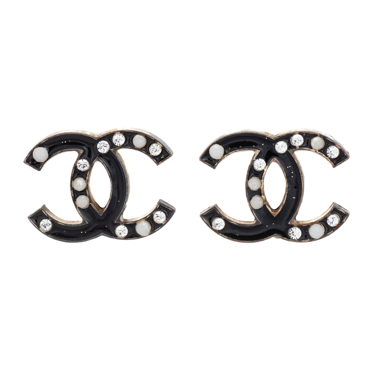 Vintage Chanel Earrings c2007 Small Black Crystal CC Logo Clip On White  Metal