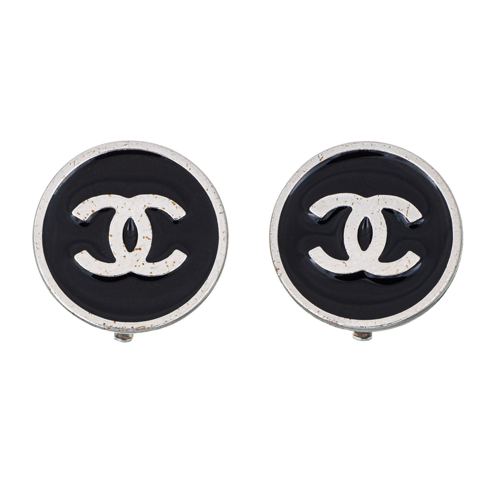 Chanel Earrings c2005 Black Enamel CC Logo Small Round Clip On White Metal