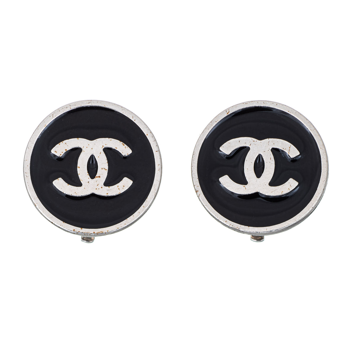 Chanel Earrings c2005 Black Enamel CC Logo Small Round Clip On