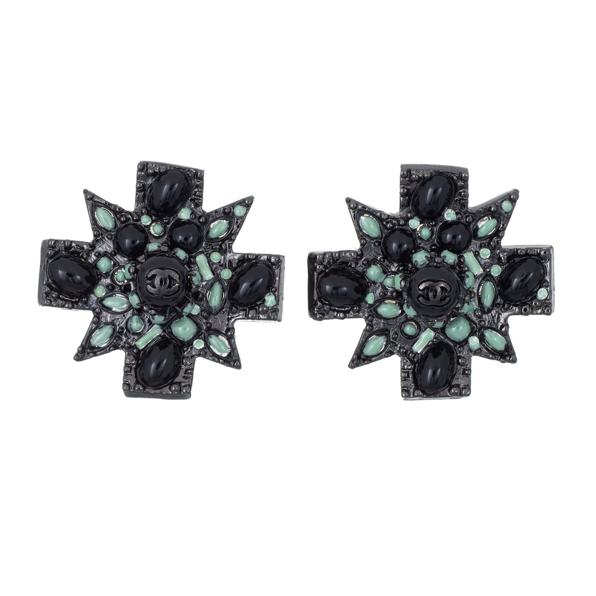 Chanel Large Black Cross Earrings C2011 Clip on Green Enamel CC Logo Gothic
