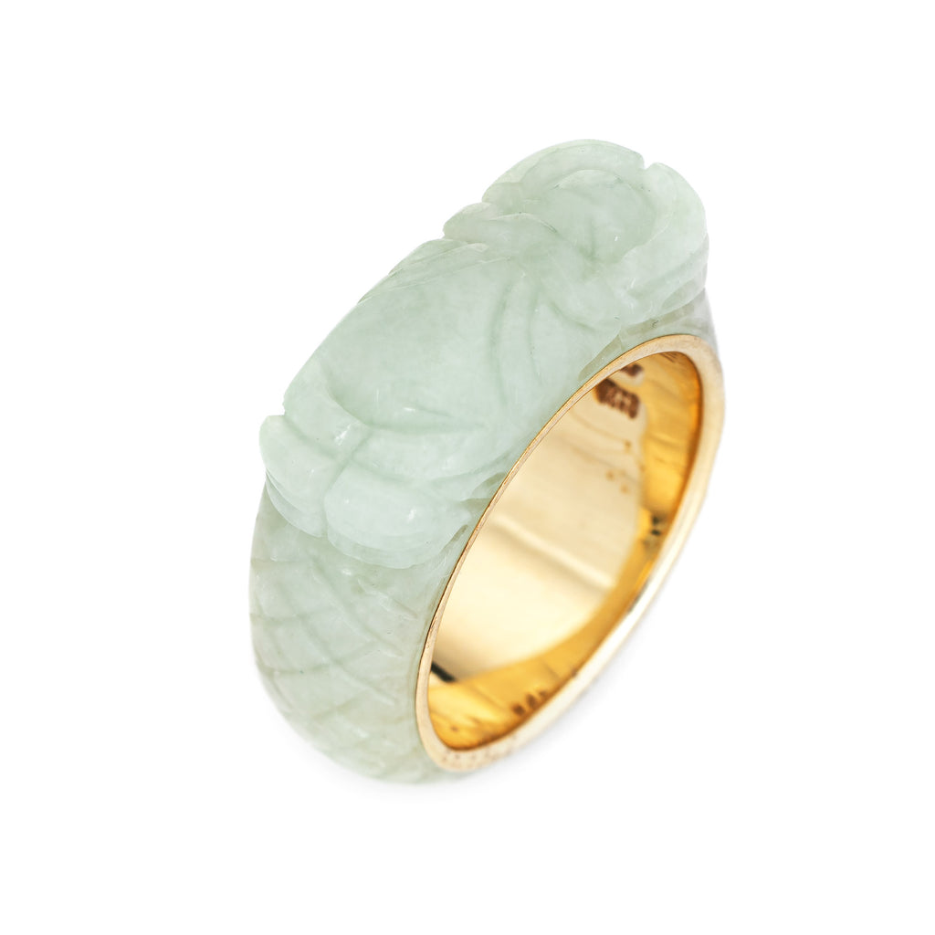 Carved Jade Scarab Beetle Ring Sz 6 Vintage 14k Yellow Gold Estate Hong Kong