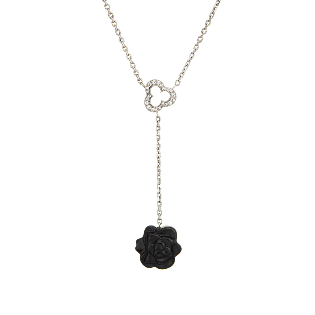 Chanel Camelia Sculpte Pendant Necklace 18K White Gold Diamond Onyx Estate