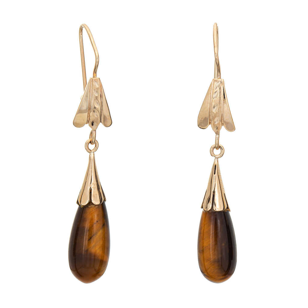 Vintage 70s Tigers Eye Earrings 14k Yellow Gold Pendant Drops Estate Jewelry