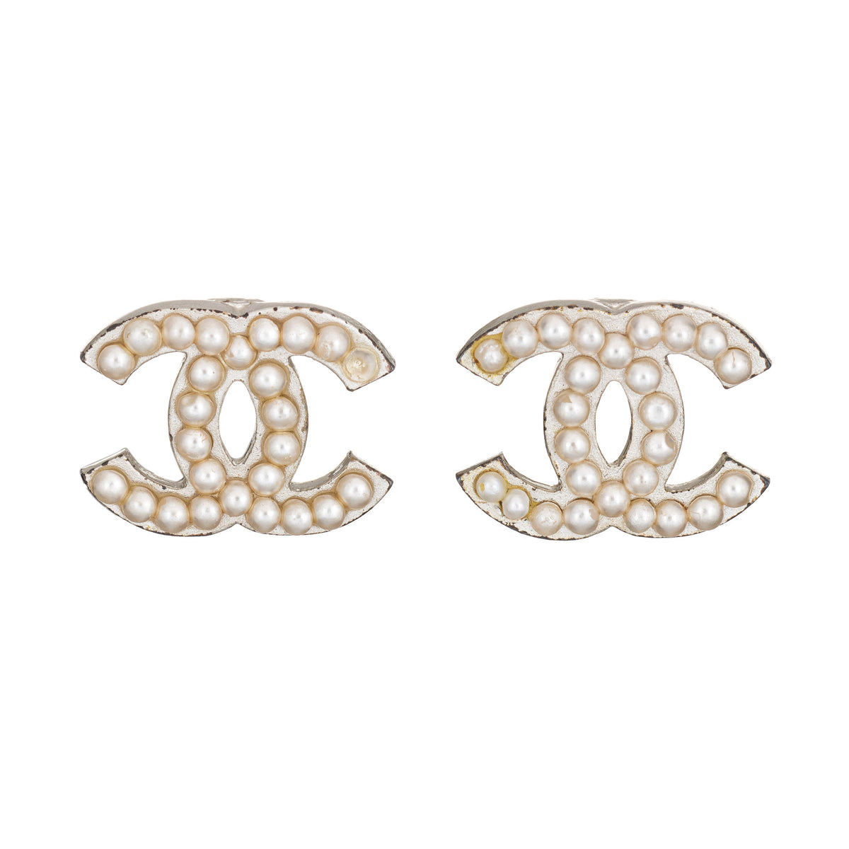 Chanel CC Logo Faux Pearl Earrings Clip On Silver Tone c2003