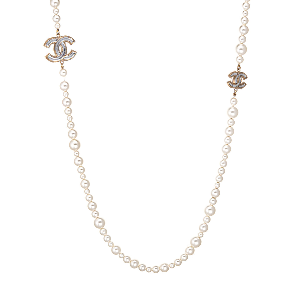 Chanel Long Gold-Tone Faux Pearl Logo Necklace - Ann's Fabulous Closeouts