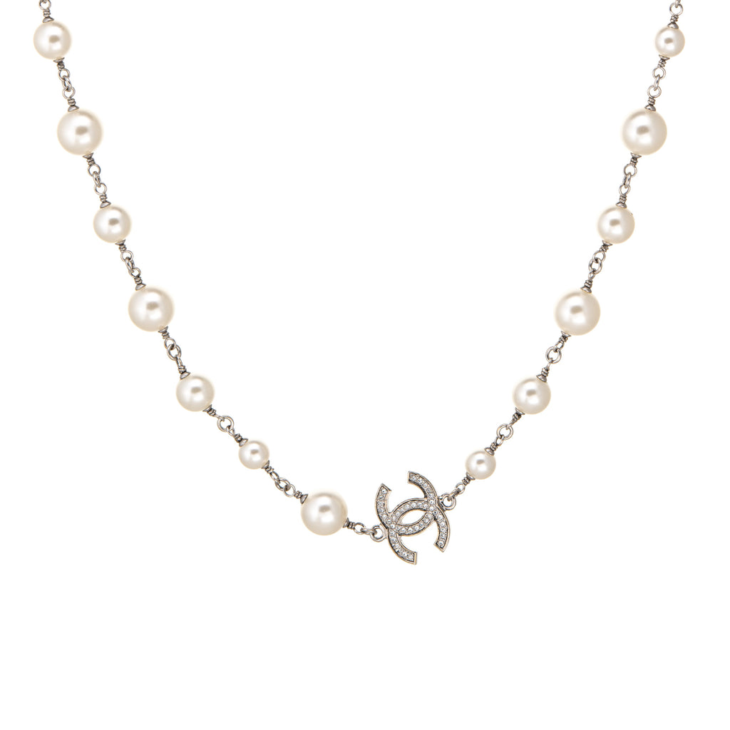 CHANEL Pearl Crystal CC Logo Long Necklace Gold