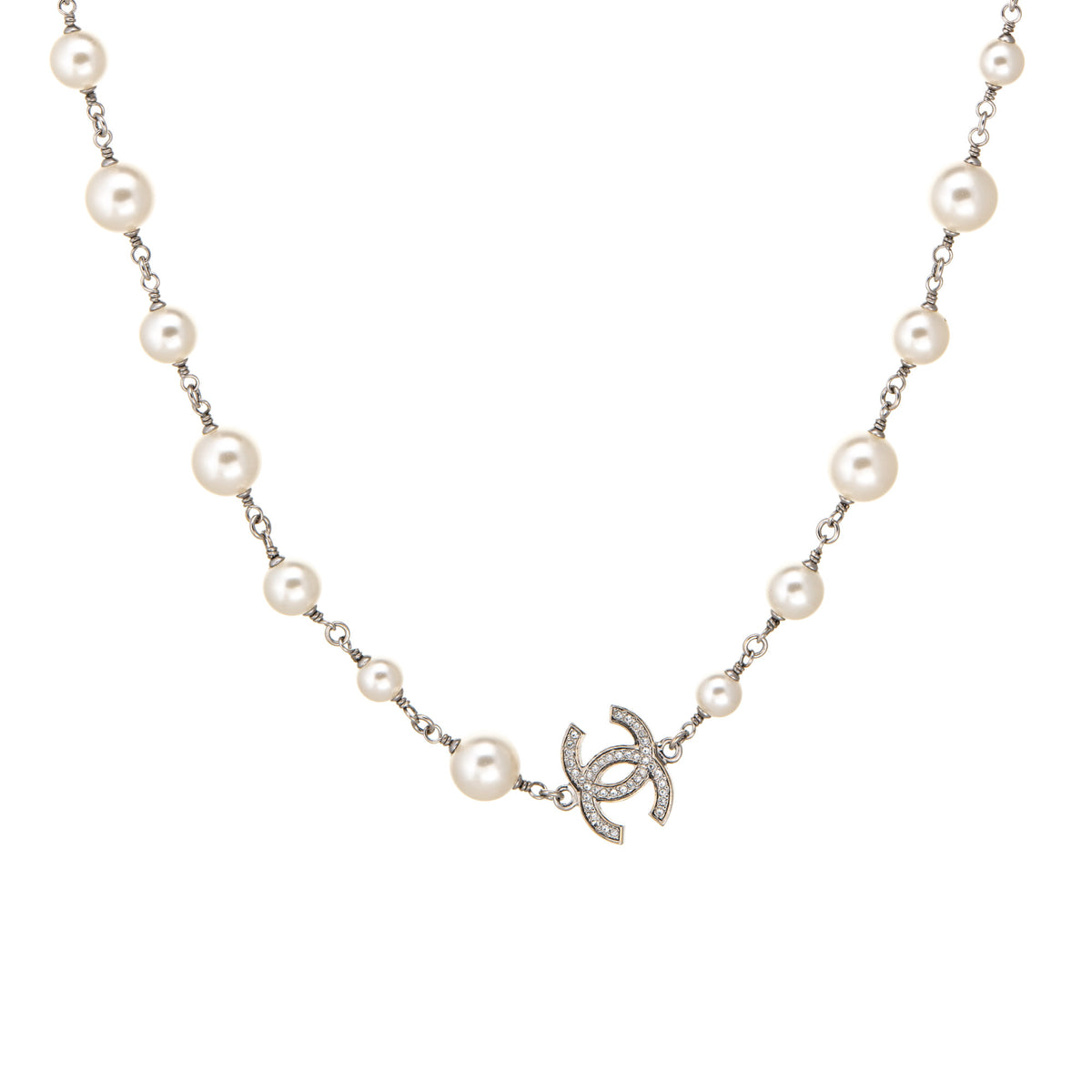 Chanel Faux White Pearl Graduated Necklace Crystal CC Logo
