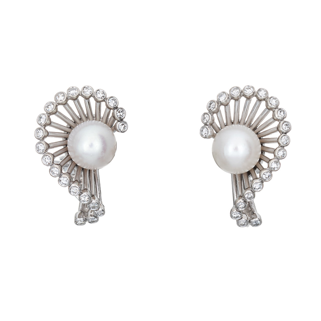 Mid Century Cultured Pearl Diamond Earrings Vintage 14k White Gold Clip On  Backs