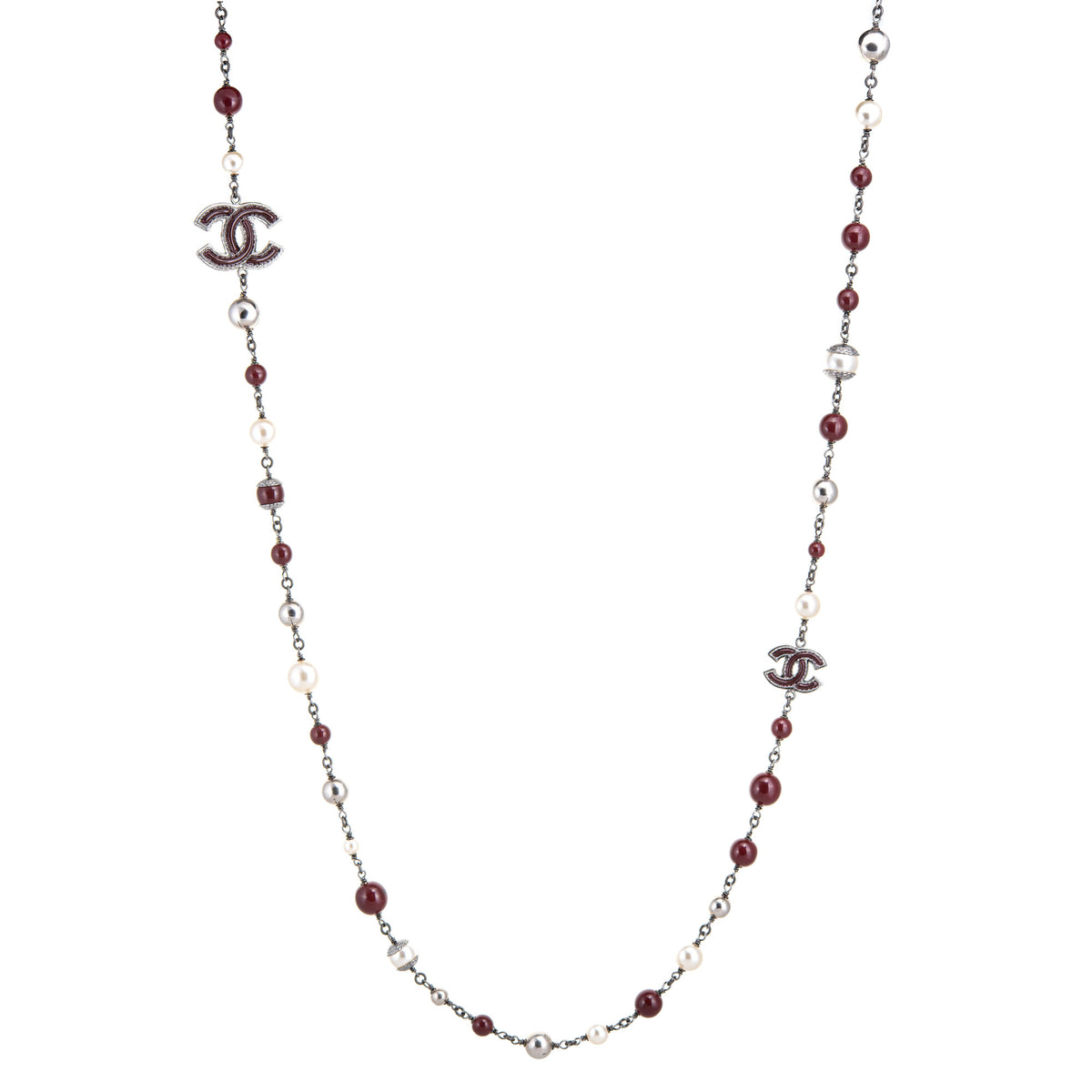 Chanel Faux White Pearl Maroon Bead Necklace Graduated Long 47