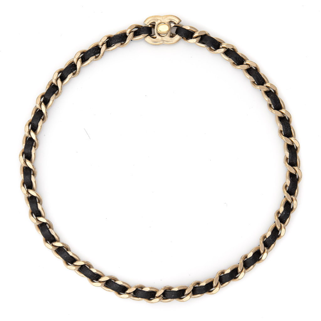 Chanel 2012 Choker Necklace Black Leather Chain Link CC Logo Turn Lock 15  Inch Gold Tone