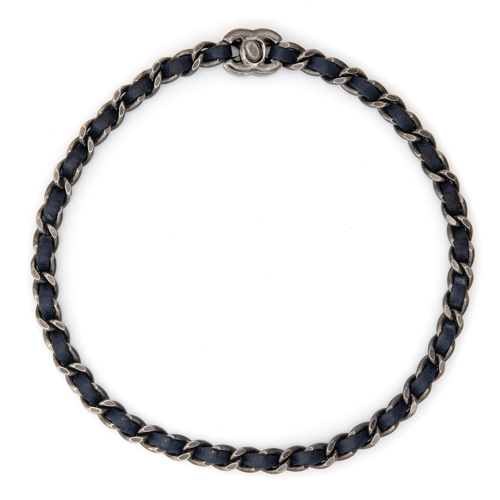 Chanel CC Turnlock Navy Blue Leather Woven Silver Tone Chain Bangle Bracelet  21cm Chanel