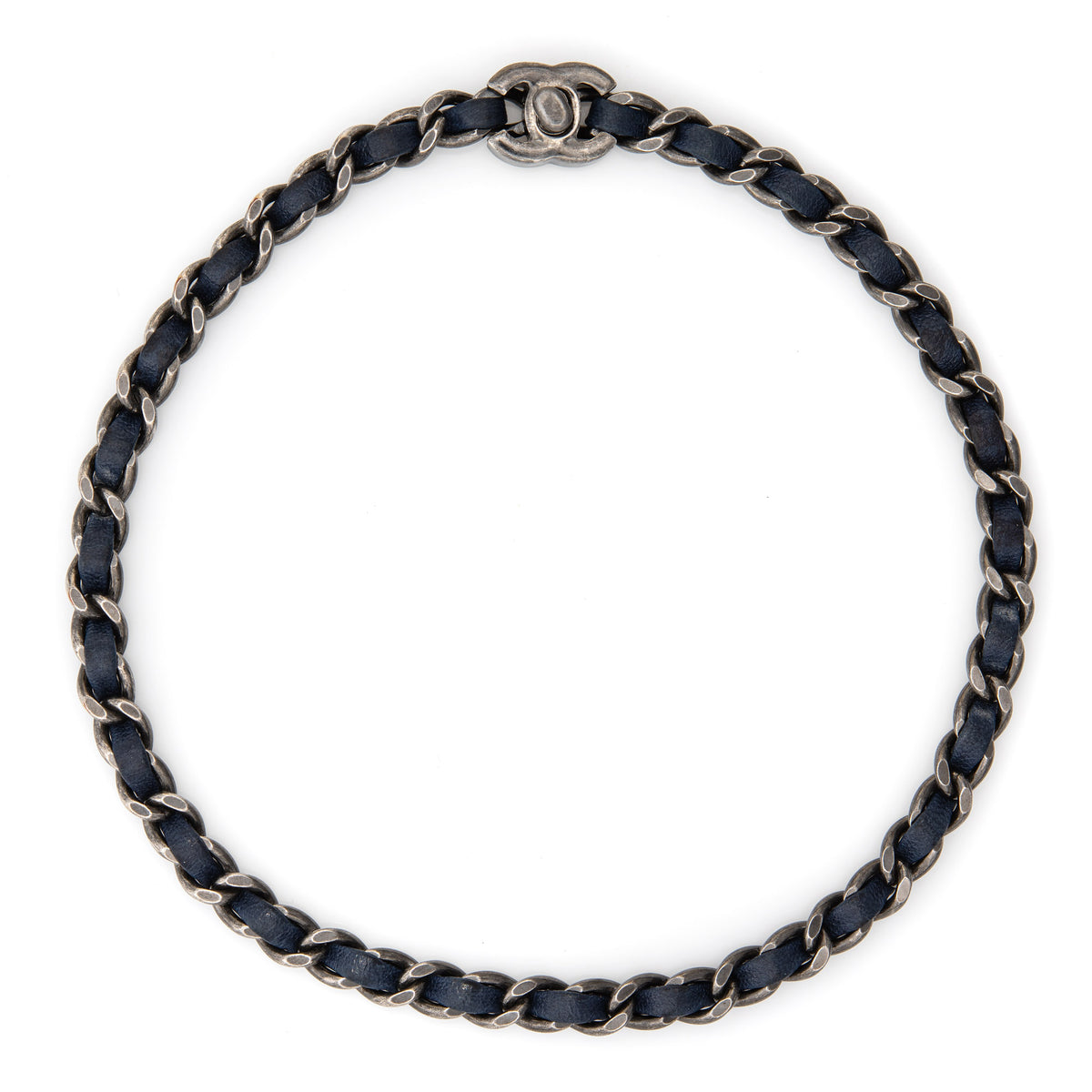 Chanel 2012 Choker Necklace Blue Leather Chain Link CC Logo