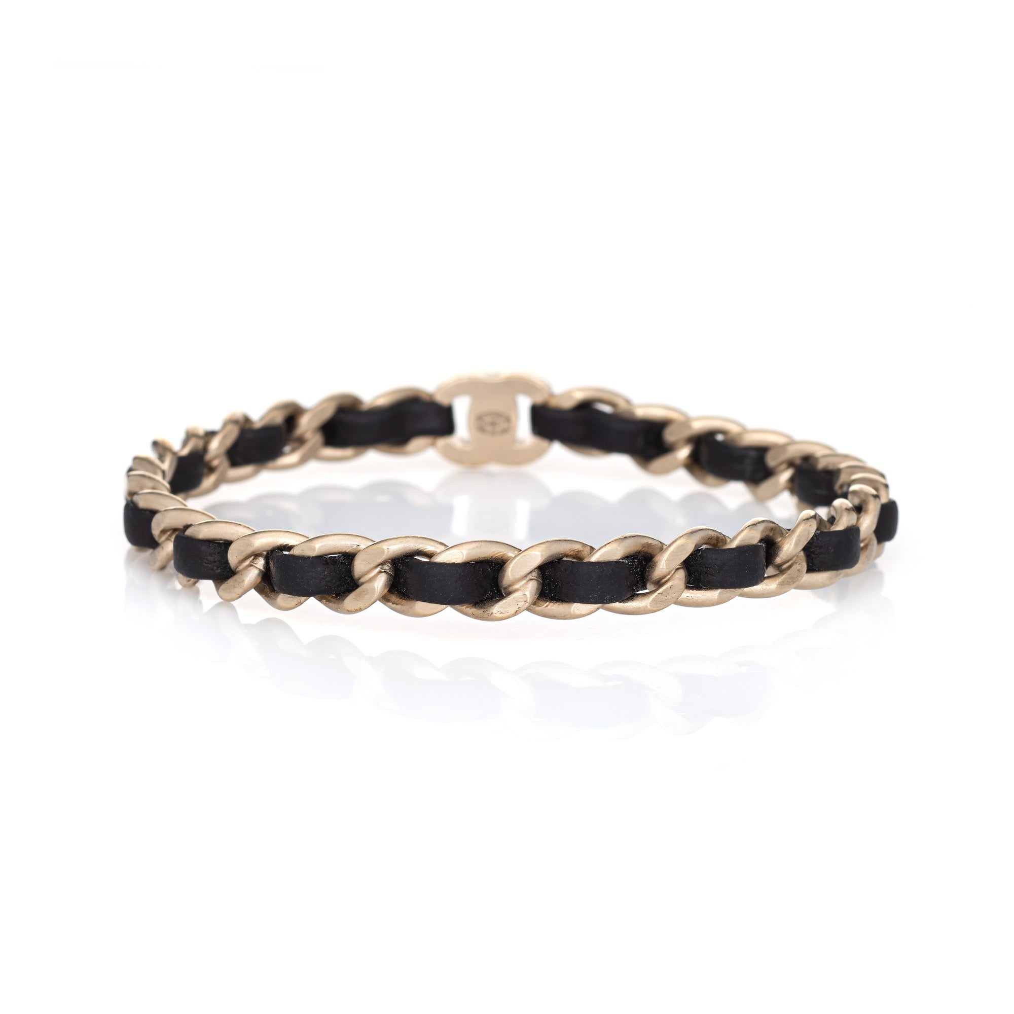 Chanel Turnlock Bangle Bracelet Black Leather Chain Link CC Logo