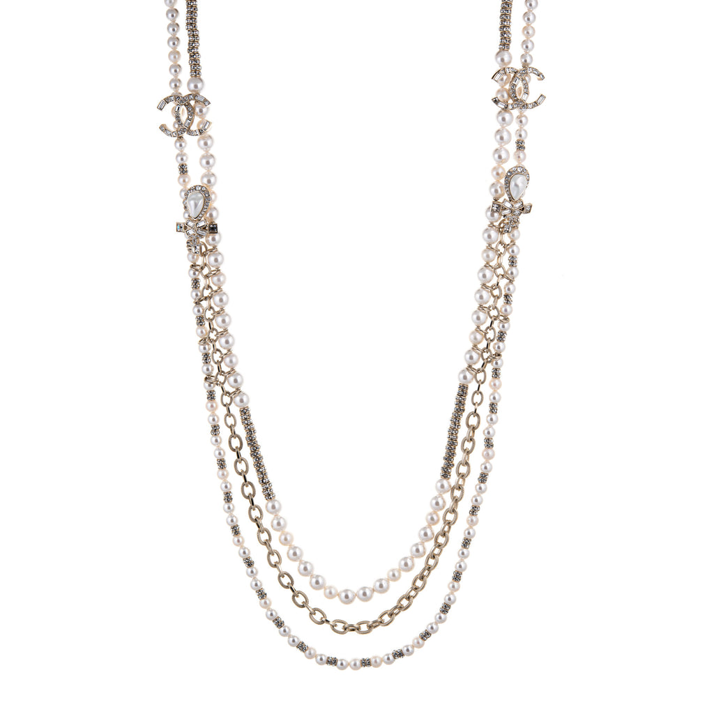 Chanel Multi Strand CC Necklace Crystal Embellished Metal with Faux Pearls