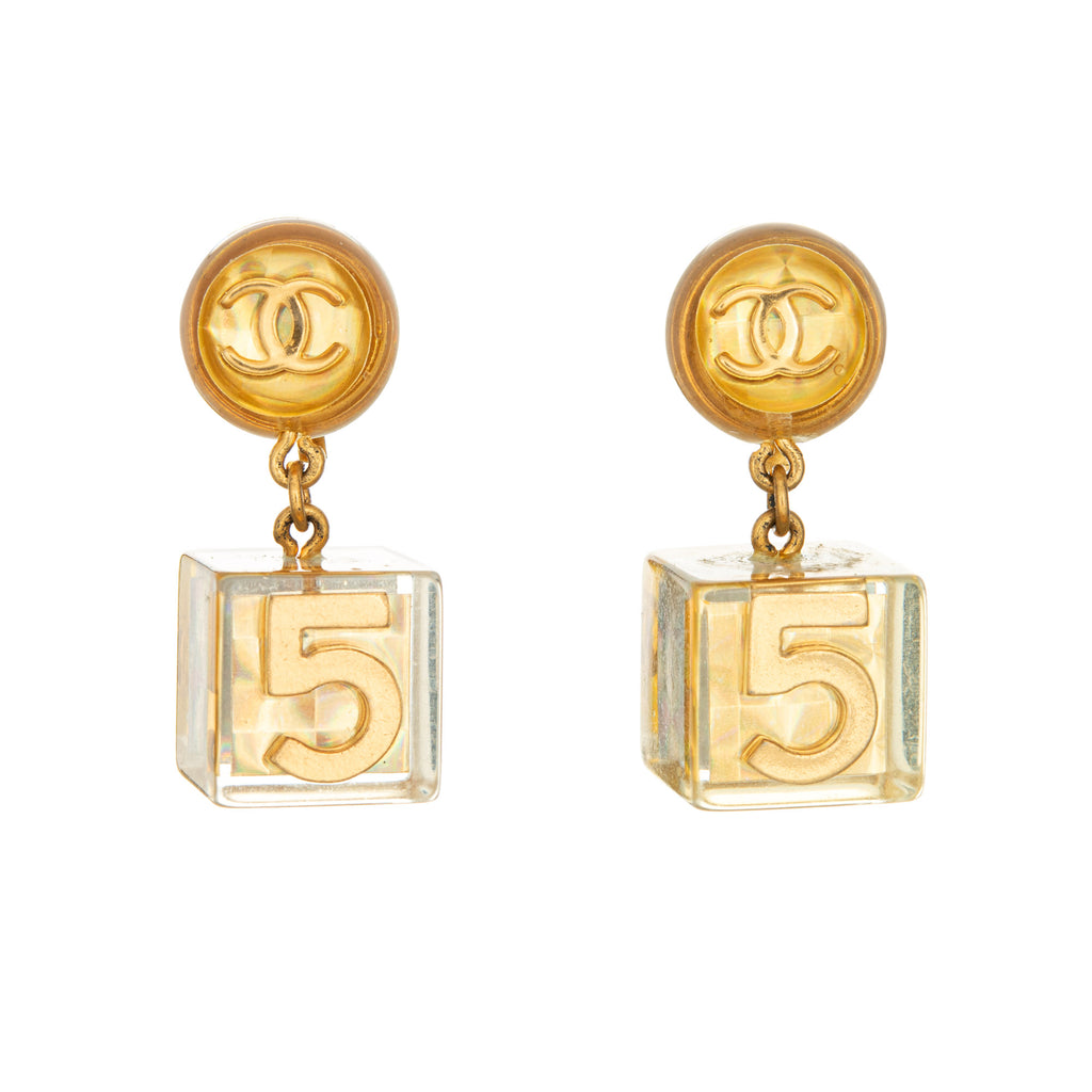 Rare Vintage Chanel No. 5 Cube Earrings 1997 Gold CC Lucite Dangle Dro –  Sophie Jane