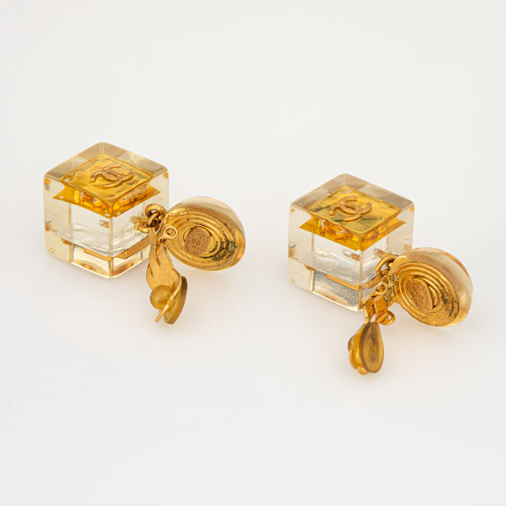 Rare Vintage Chanel No. 5 Cube Earrings 1997 Gold CC Lucite Dangle Drops